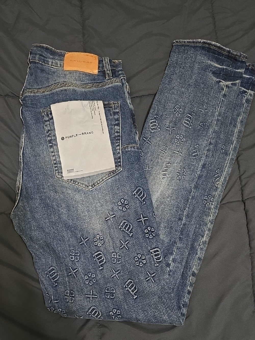 Purple Brand P001 Jacquard Monogram Slim Low Rise Jeans Blue Size 34